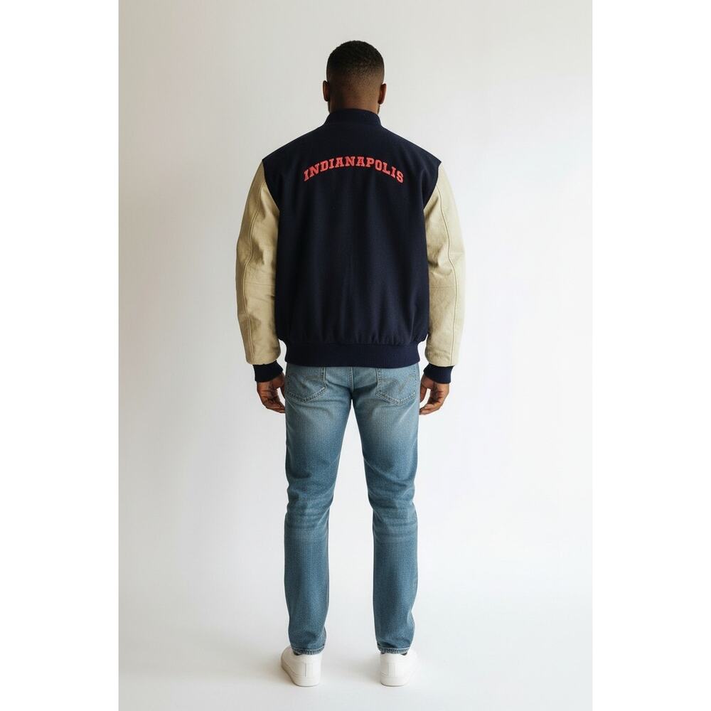 Vintage Rennoc Varsity Jacket Mens Large Blue  Cream Leather Wool Snap USA - Picture 2 of 10